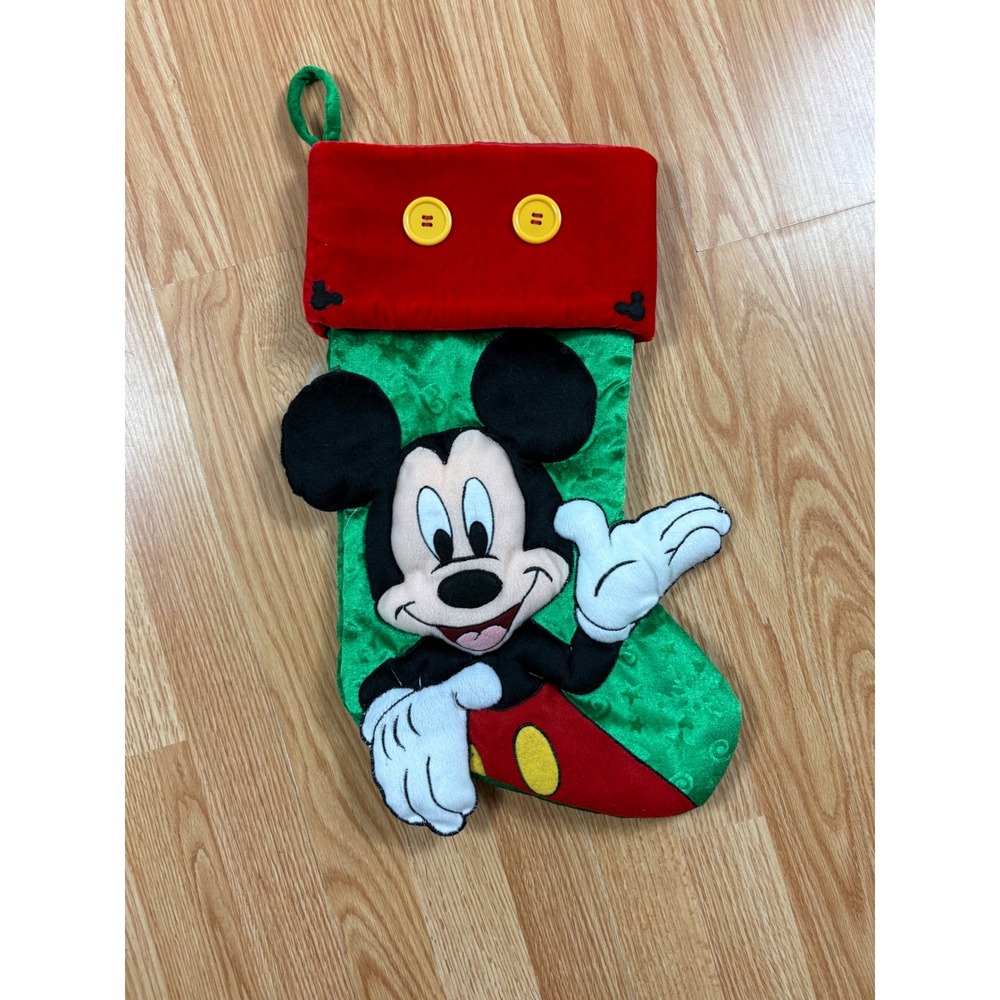 Disney Mickey Mouse Christmas Stocking Green Satin Red Velvet Plush 17.5 Inch